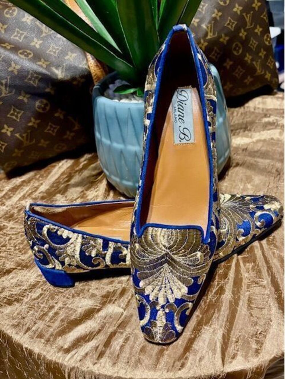 Diane B Blue Suede Flats (Royal Blue with Gold Design) Sz 38.5